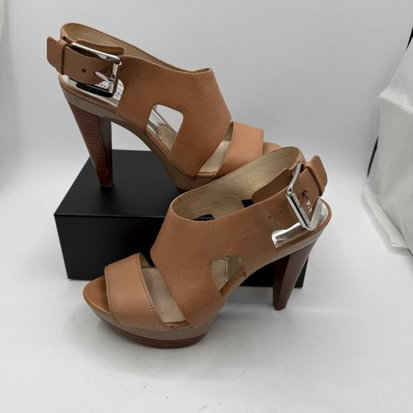 Michael Kors Sandal Womens 7.5 Brown Pebbled Leather Strapback Cone Heel Strappy - Picture 1 of 8